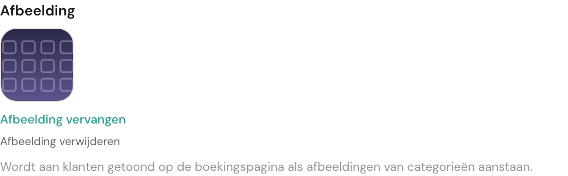 Het veld Afbeelding in de categorie-editor, met voorbeeld en de knoppen om te vervangen of te verwijderen.