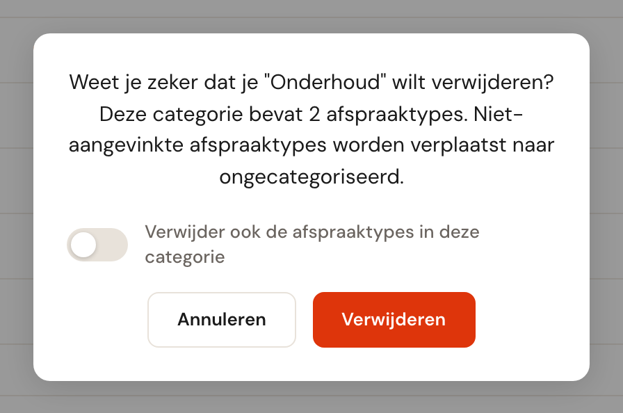 Een bevestigingsvenster dat vraagt of de categorie Onderhoud verwijderd mag worden, met een checkbox om ook de afspraaktypes te verwijderen.