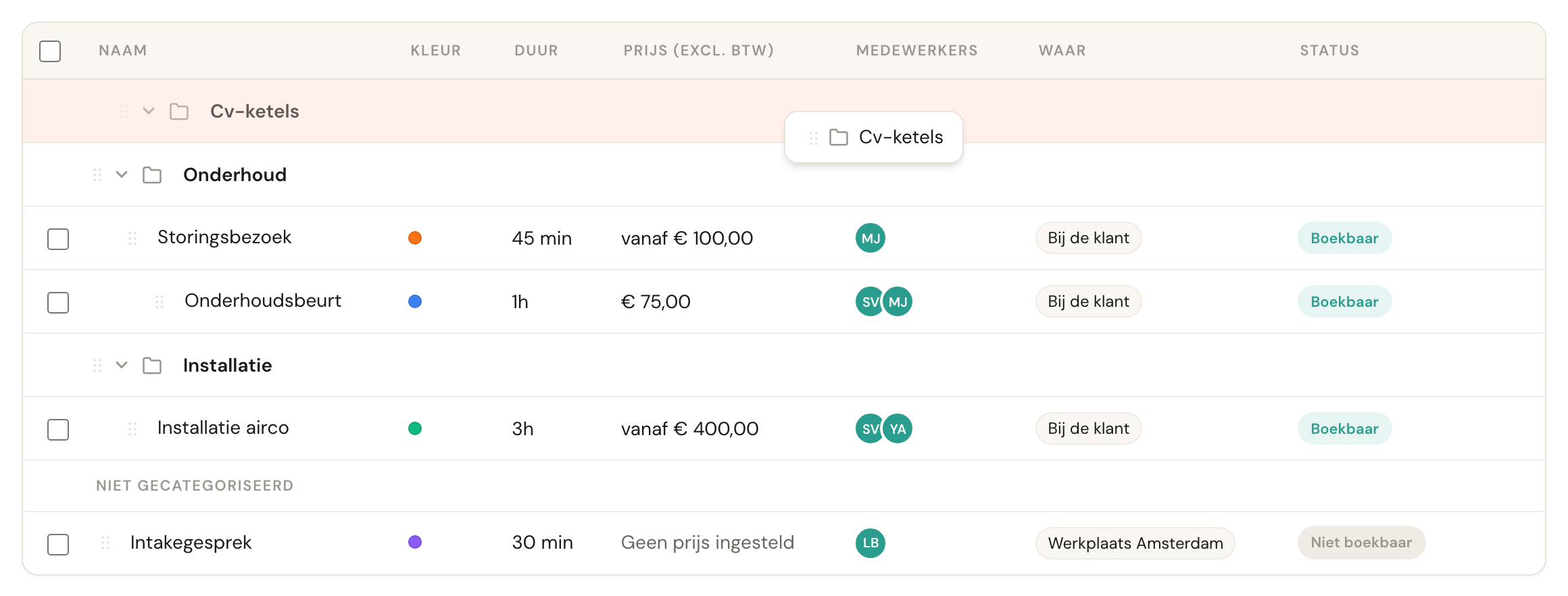 Een categorieregel die versleept wordt: een compacte kaart met het mapje en de naam, en een oplichtende plek tussen de andere categorieën.