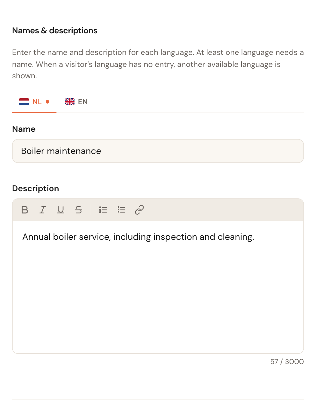 The Names and descriptions block with language tabs, a name and a description.