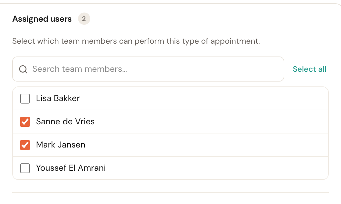 The list of team members with two people ticked.