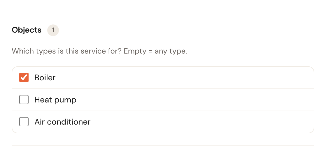 The Objects block with the question Which types is this service for? and the object types Boiler, Heat pump and Air conditioner, with Boiler ticked.