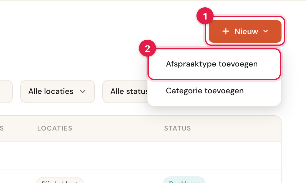 Klik op Nieuw en kies Afspraaktype toevoegen.