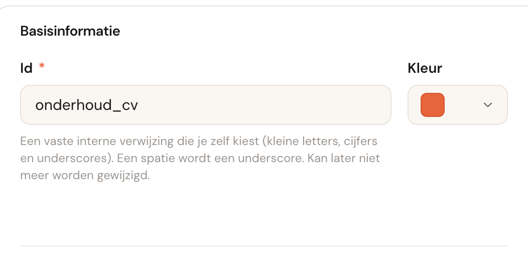 Het blok Basisinformatie met het veld Id en een kleurkiezer.