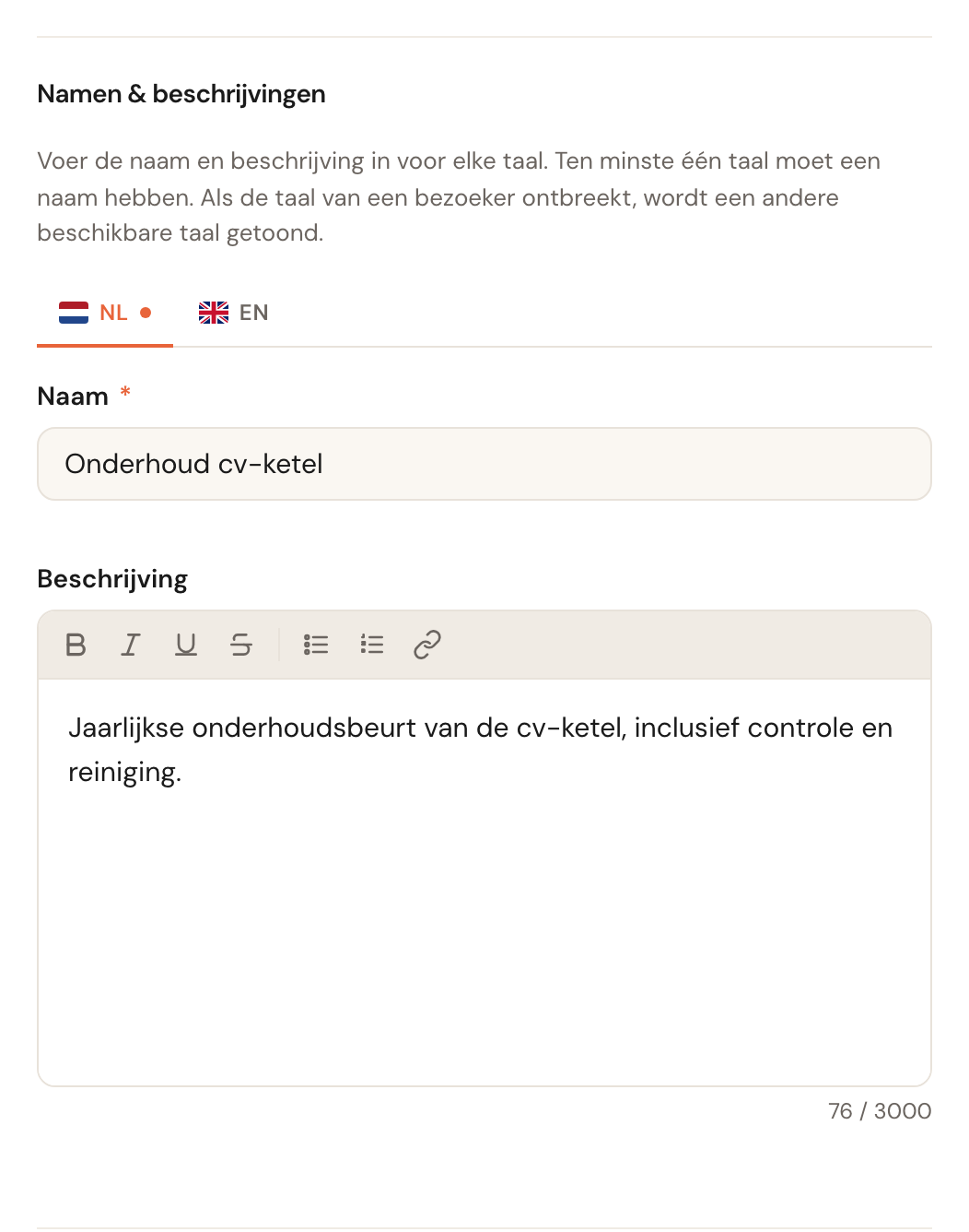 Het blok Namen en beschrijvingen met tabbladen, een naam en een beschrijving.