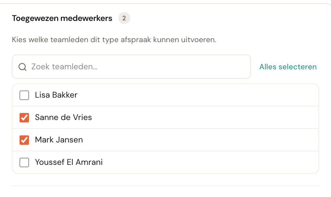 De lijst met teamleden waarin twee mensen zijn aangevinkt.
