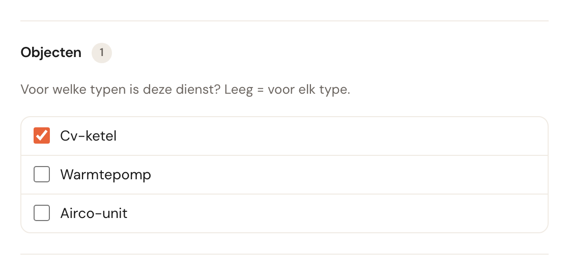 Het blok Objecten met de vraag Voor welke typen is deze dienst? en de objecttypen Cv-ketel, Warmtepomp en Airco-unit, waarvan Cv-ketel is aangevinkt.