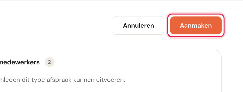 De knoppen Annuleren en Aanmaken rechtsboven, met Aanmaken gemarkeerd.