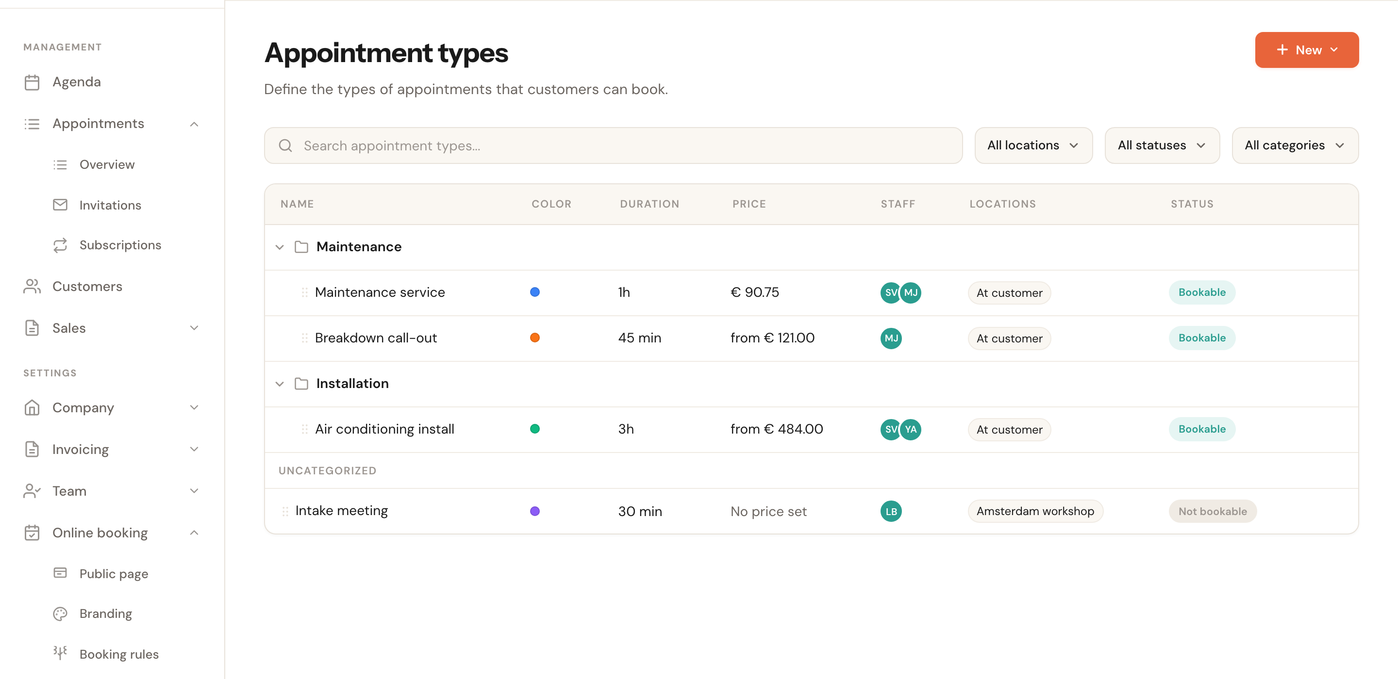 The Appointment types overview with the status column on the right.