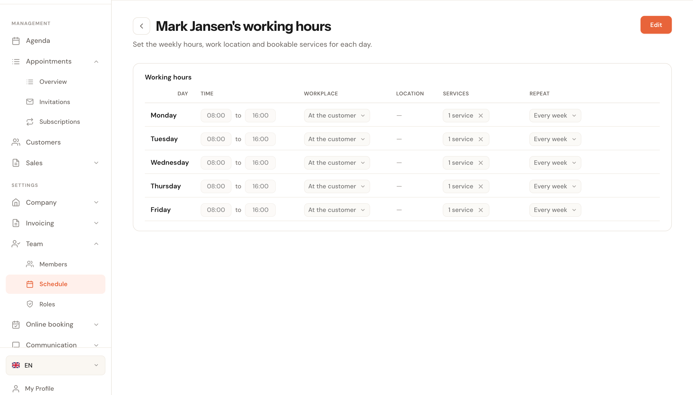 A staff member's working hours, with the Services column showing 1 service.