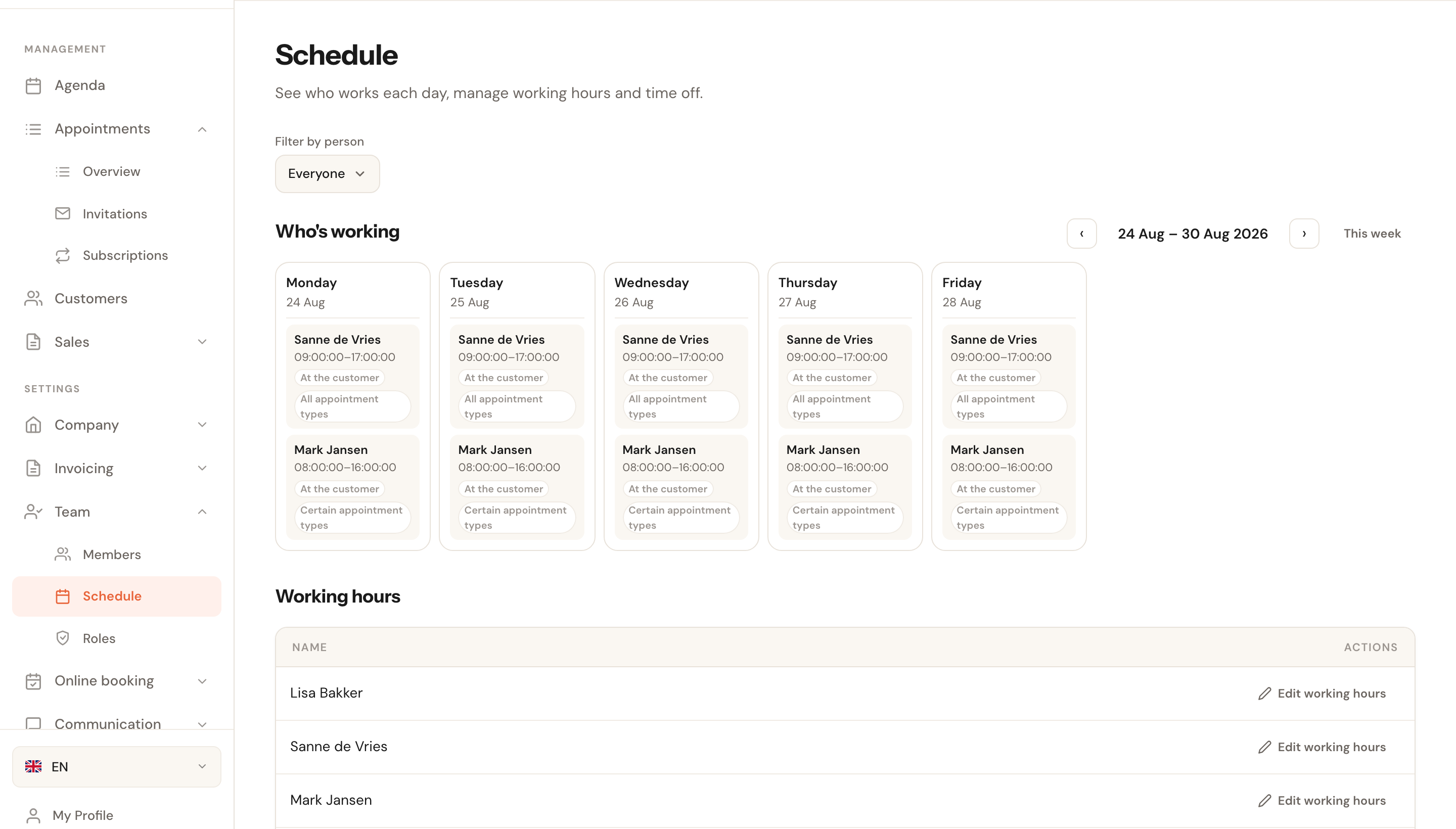 The roster with two staff members: one shows All appointment types, the other Certain appointment types.