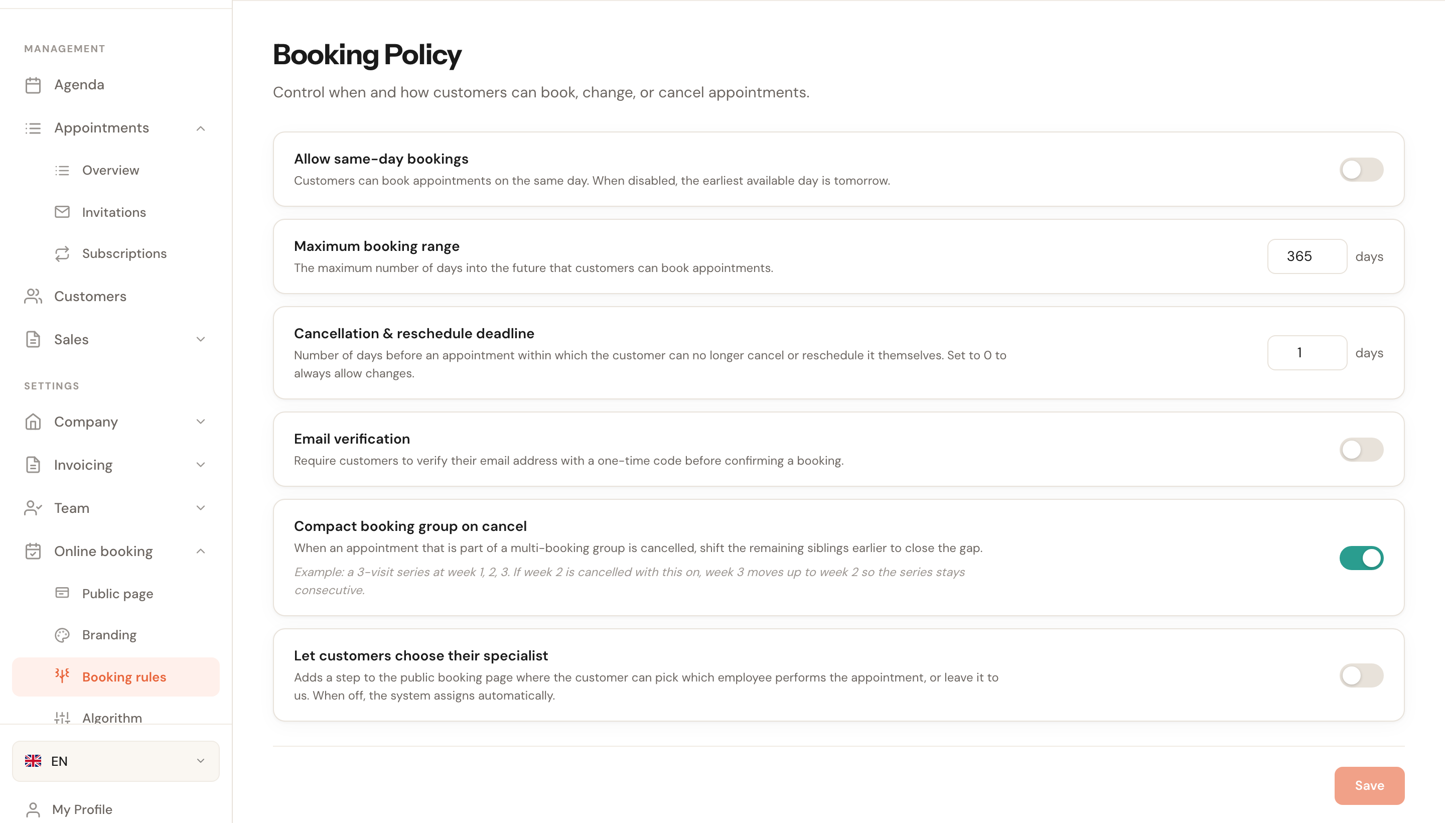 The Booking policy page with the booking rules.