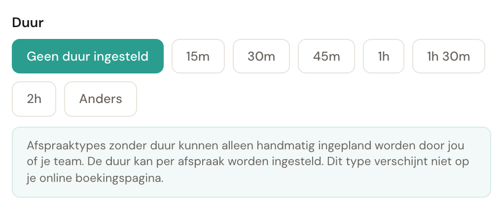 Het blok Duur met Geen duur ingesteld geselecteerd en de uitleg eronder.