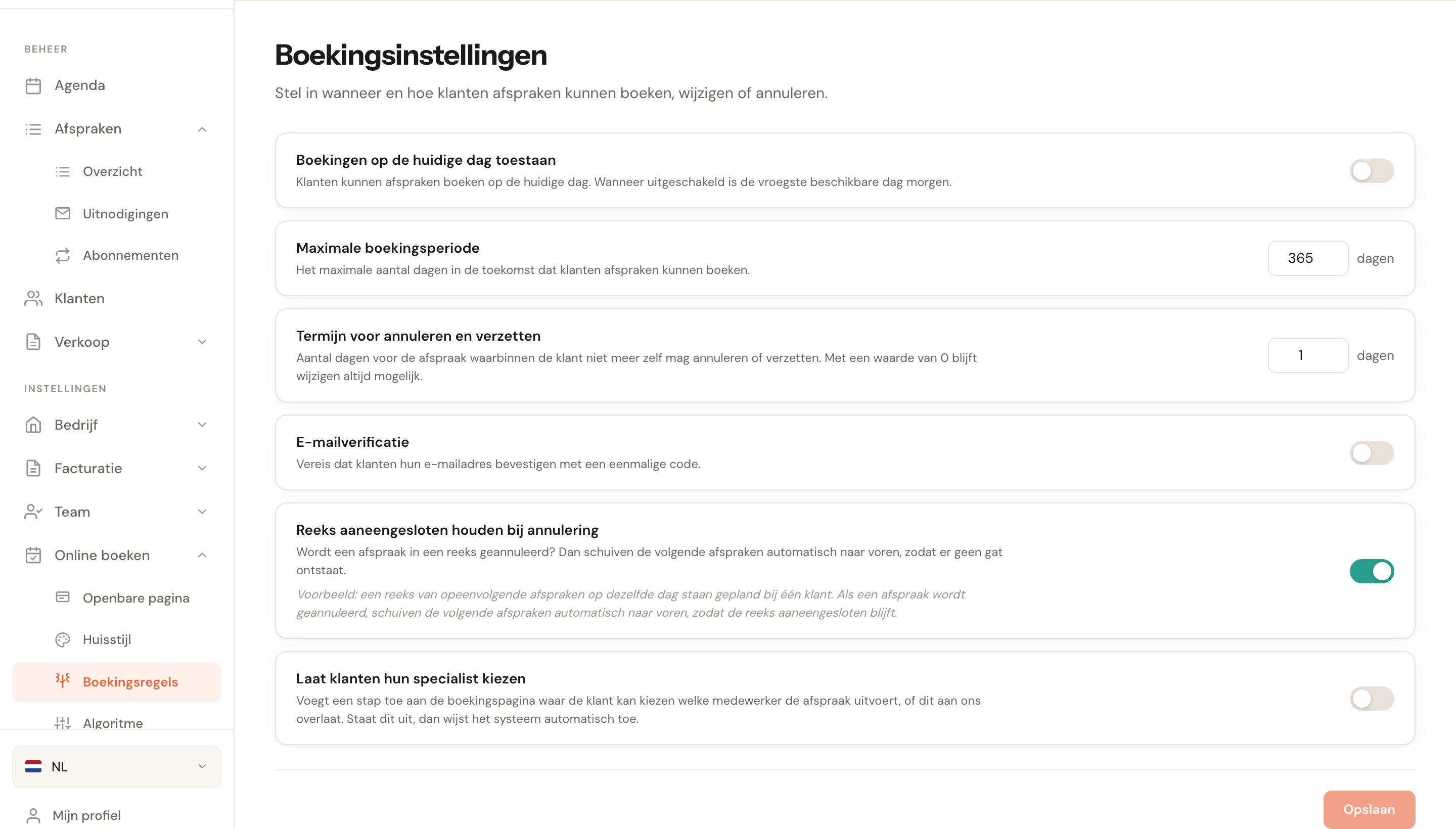 De pagina Boekingsinstellingen met de boekingsregels.