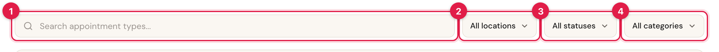 The toolbar above the overview with four numbered parts: search field, location filter, status filter and category filter.