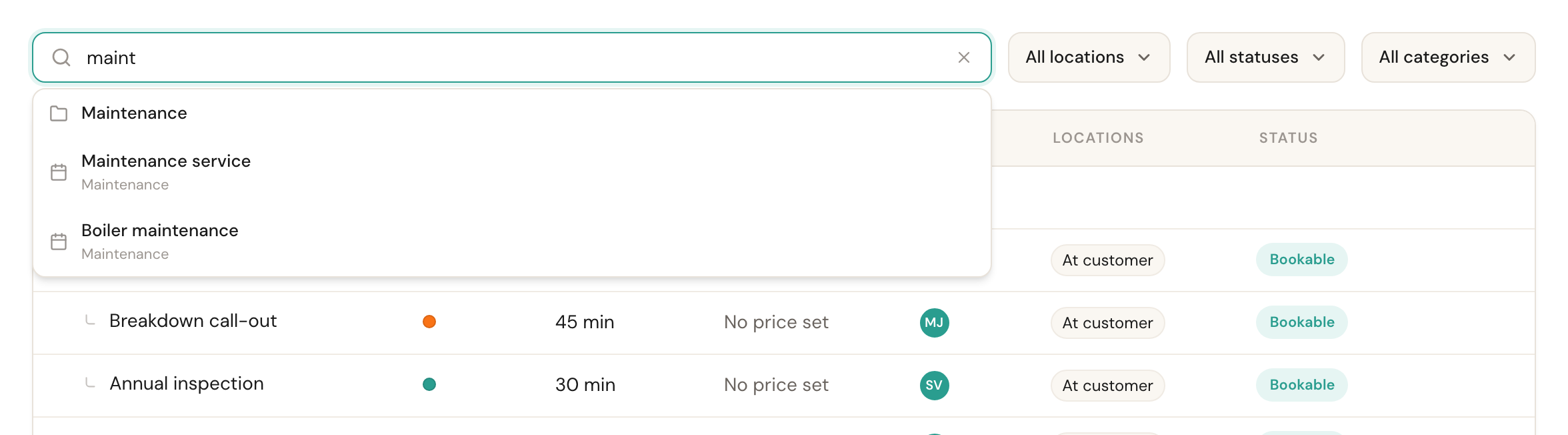The search field containing maint, with a suggestion list showing a category and two appointment types with their paths.