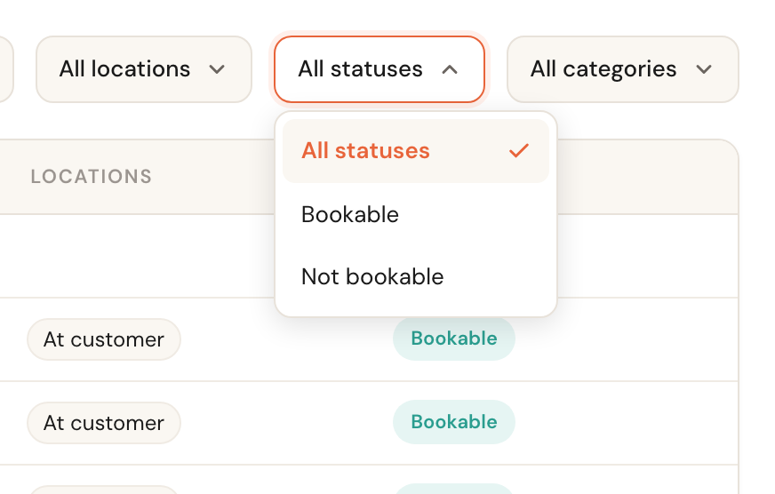 The status filter expanded, showing All statuses, Bookable and Not bookable.