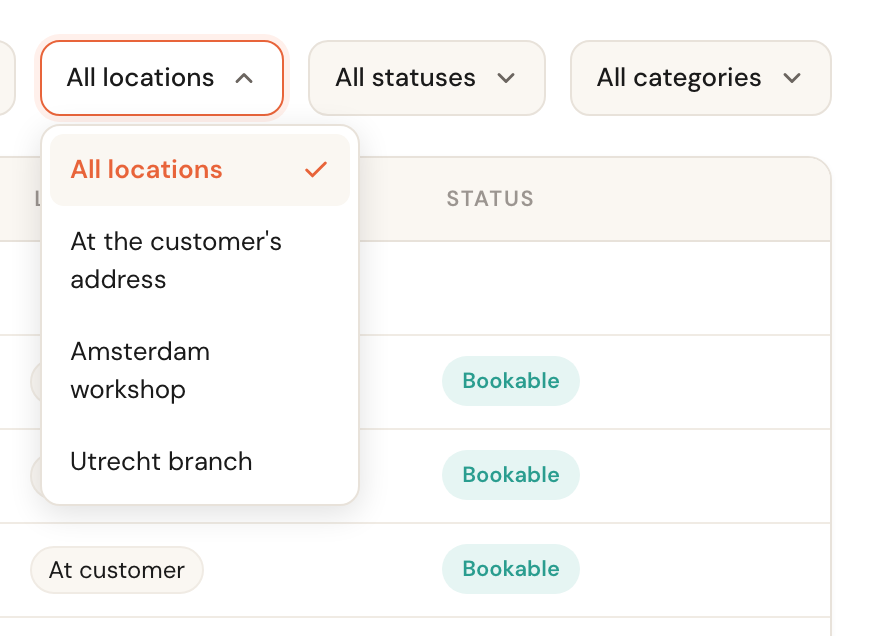 The location filter expanded, showing All locations, At customer, Amsterdam workshop and Utrecht branch.