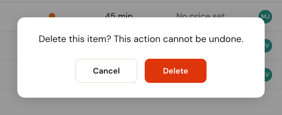 A confirmation dialog asking whether you want to delete this item, with Cancel and Delete buttons.