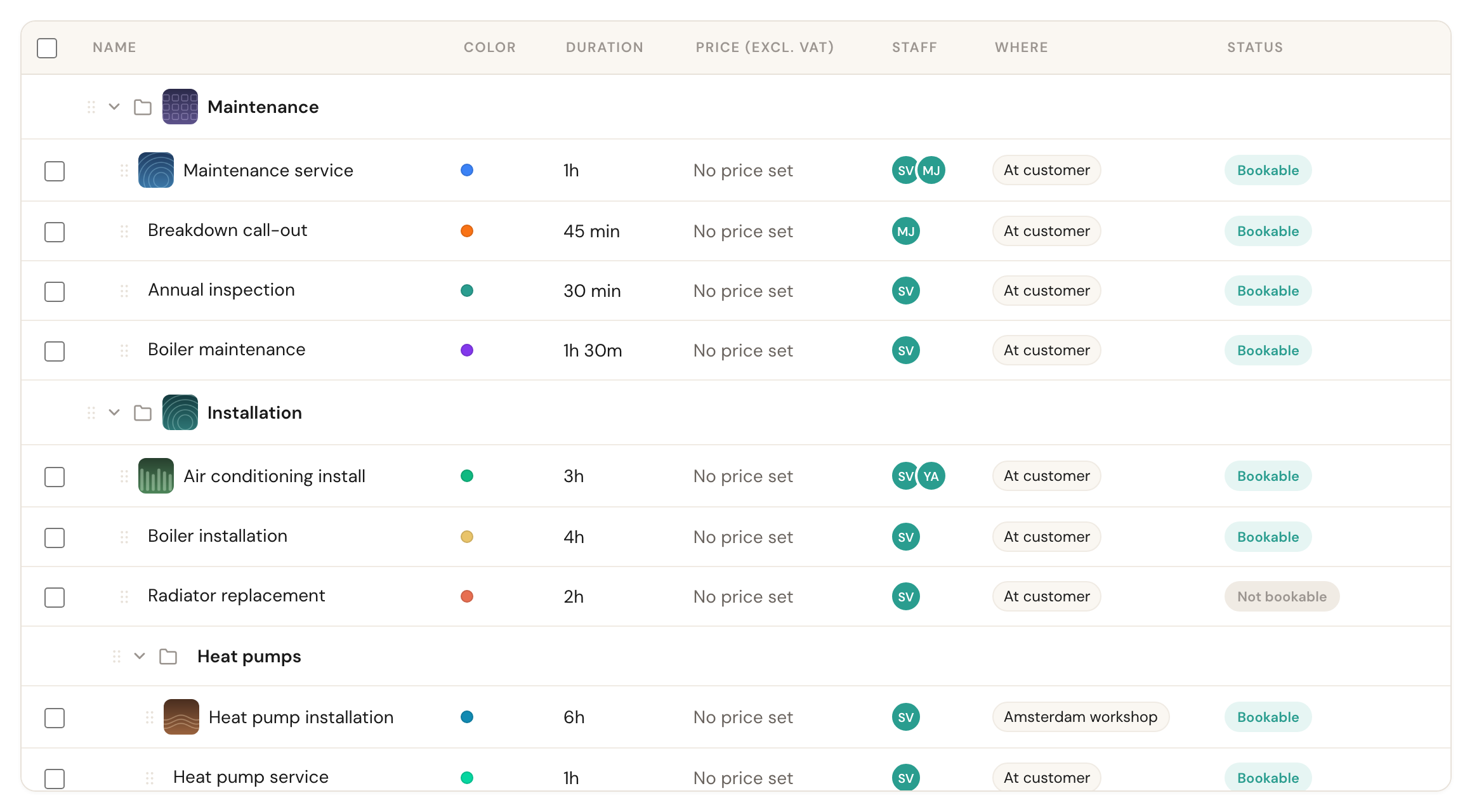 The overview with thumbnails in front of the names of some services and folders; other rows have none.