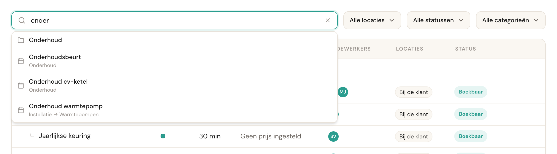 Het zoekveld met de tekst onder, en een suggestielijst met een categorie en drie afspraaktypes met hun pad.
