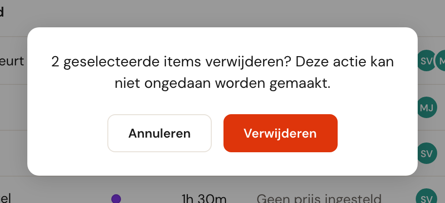 Het bevestigingsvenster voor het verwijderen van twee geselecteerde items.