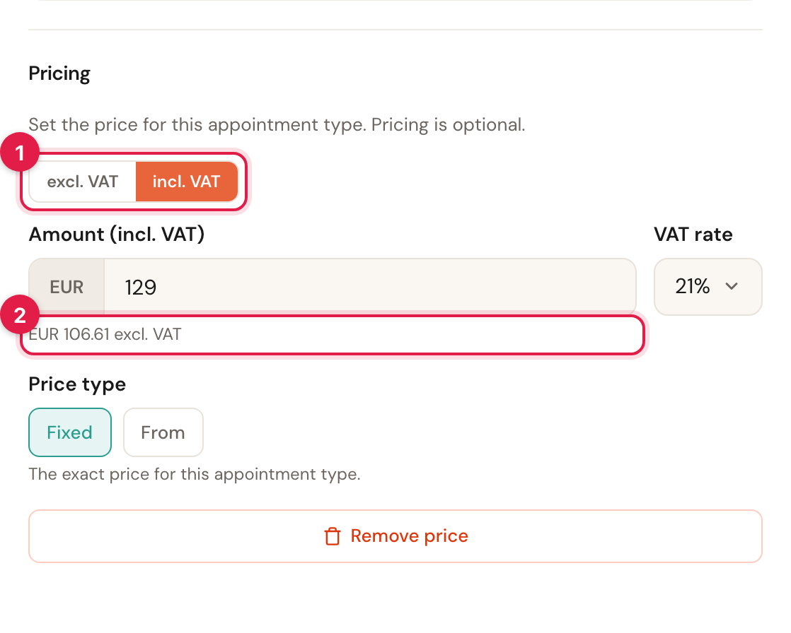 The excl. VAT / incl. VAT switch with the converted value underneath.