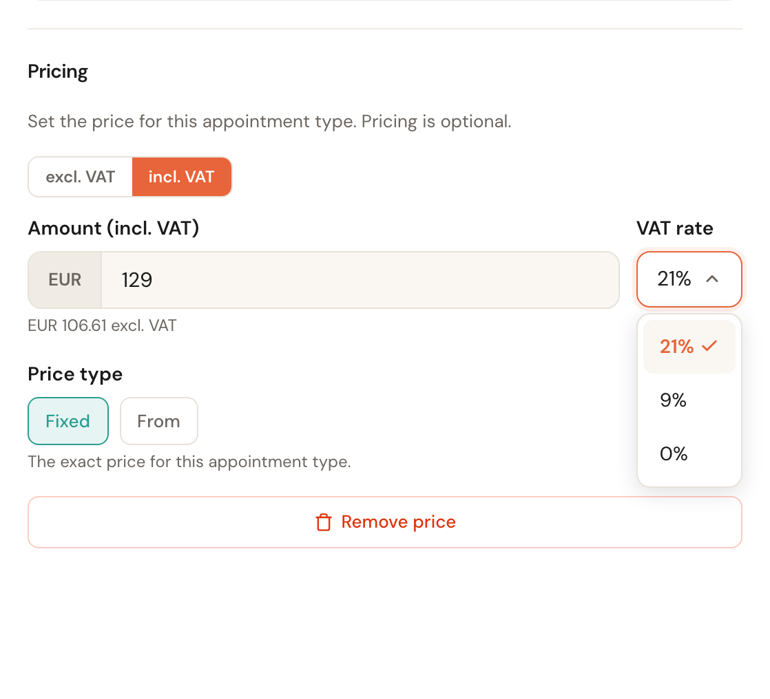 The open list of VAT rates: 21 percent, 9 percent and 0 percent.