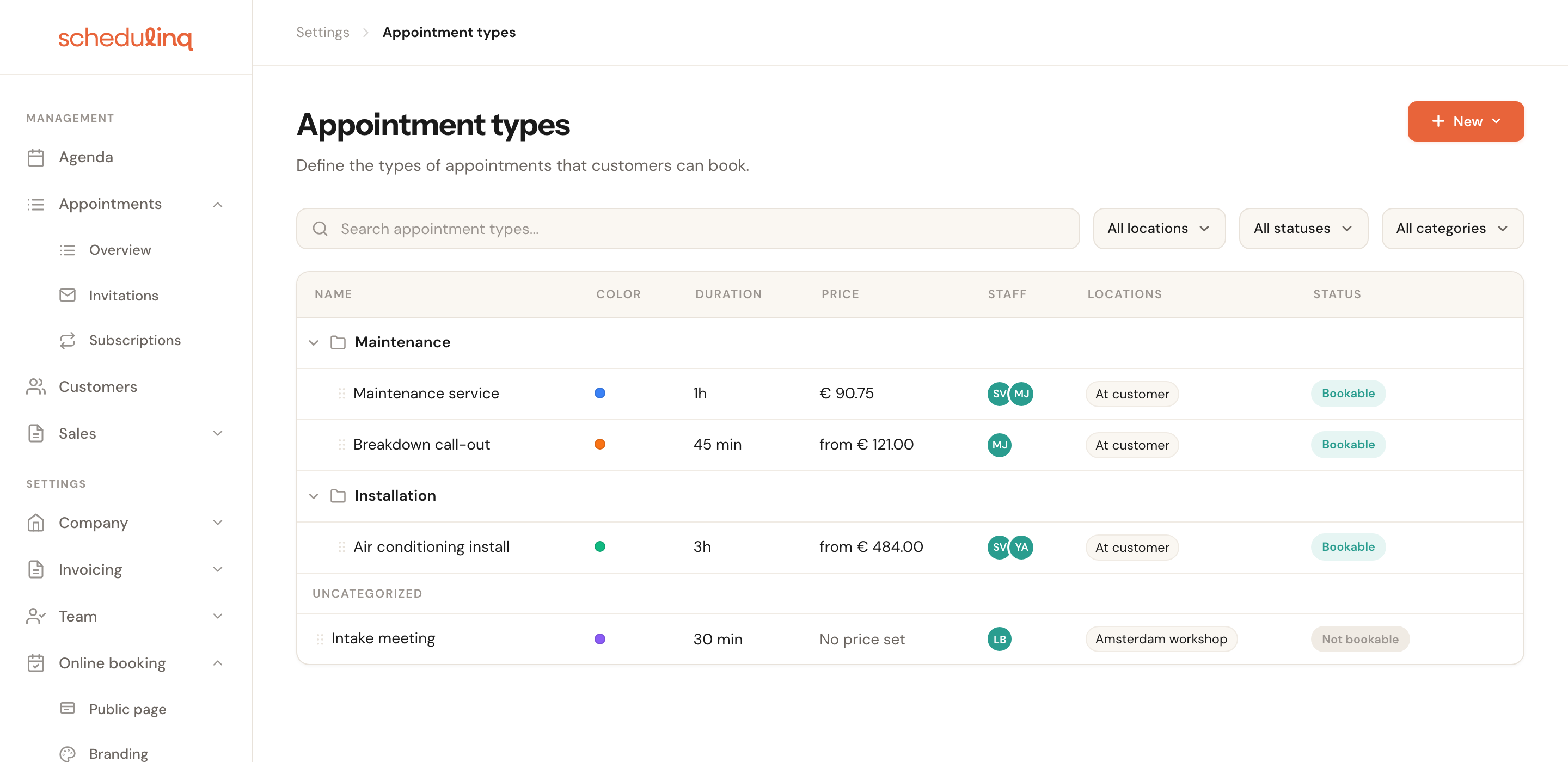 The price column in the overview showing a fixed price, a from-price and a service without a price.