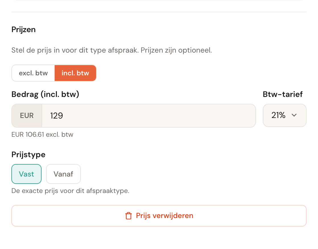 De ingevulde prijsvelden: incl. btw, bedrag 129, btw-tarief 21 procent en prijstype Vast.