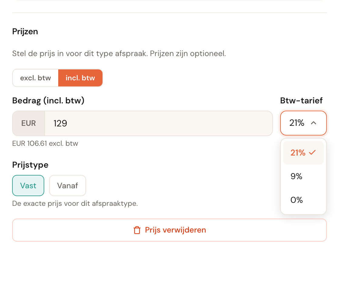 De geopende lijst met btw-tarieven: 21 procent, 9 procent en 0 procent.