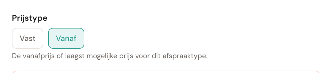 Prijstype met Vanaf geselecteerd en de aangepaste uitleg eronder.