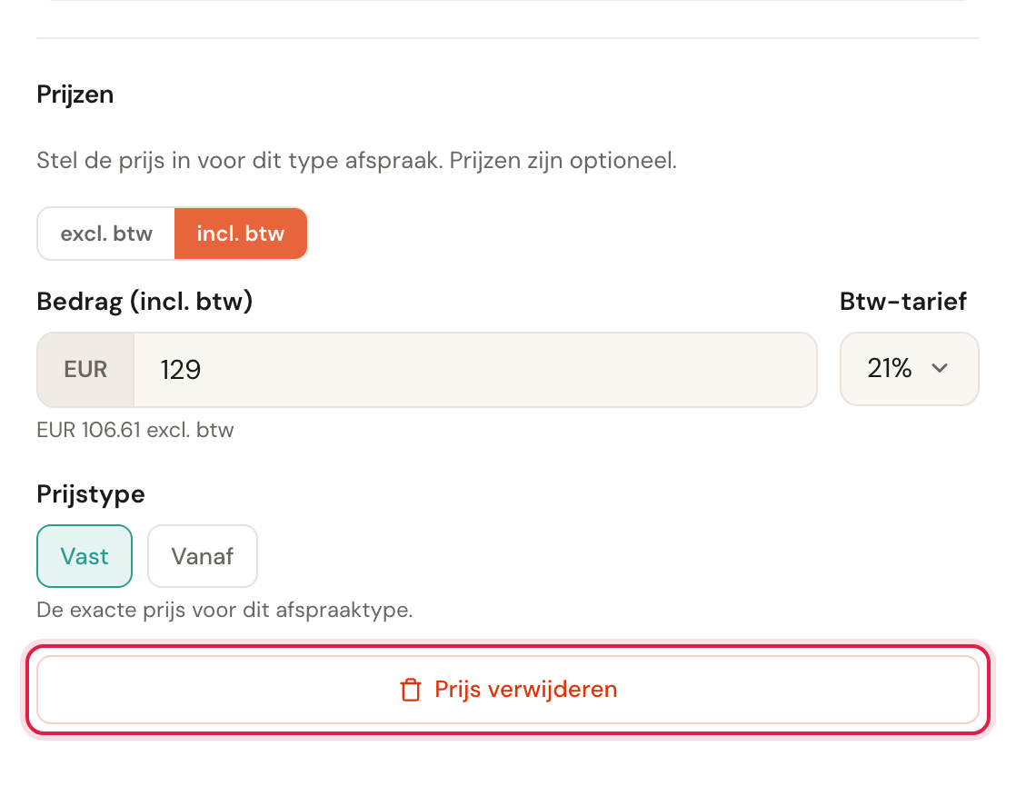 De knop Prijs verwijderen onderaan het prijzenblok.