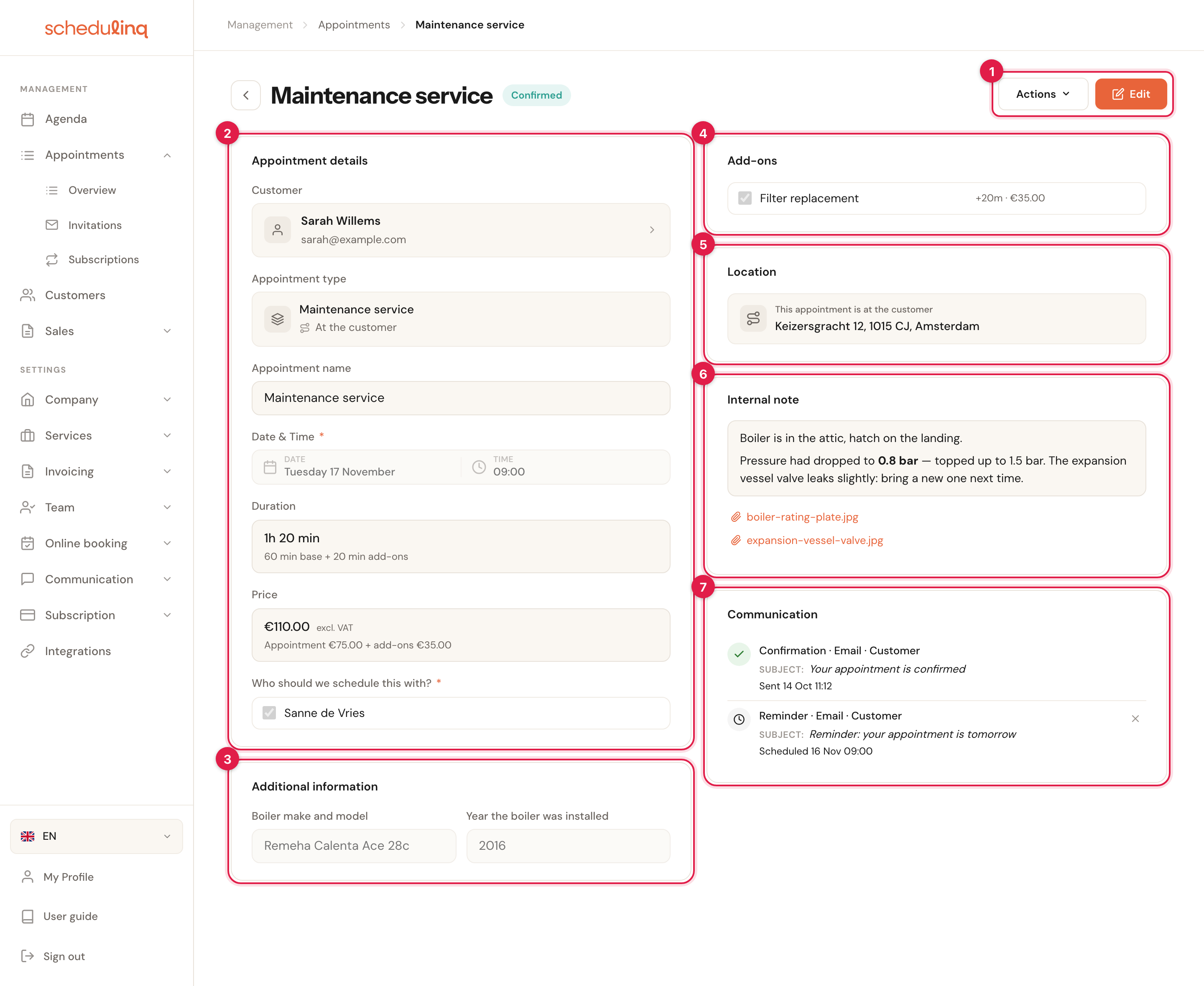 The screen of a confirmed Maintenance service, with numbered blocks: 1 the Actions and Edit buttons, 2 Appointment details, 3 Additional information, 4 Add-ons, 5 Location, 6 Internal note with two photos, 7 Communication with a sent confirmation and a scheduled reminder.