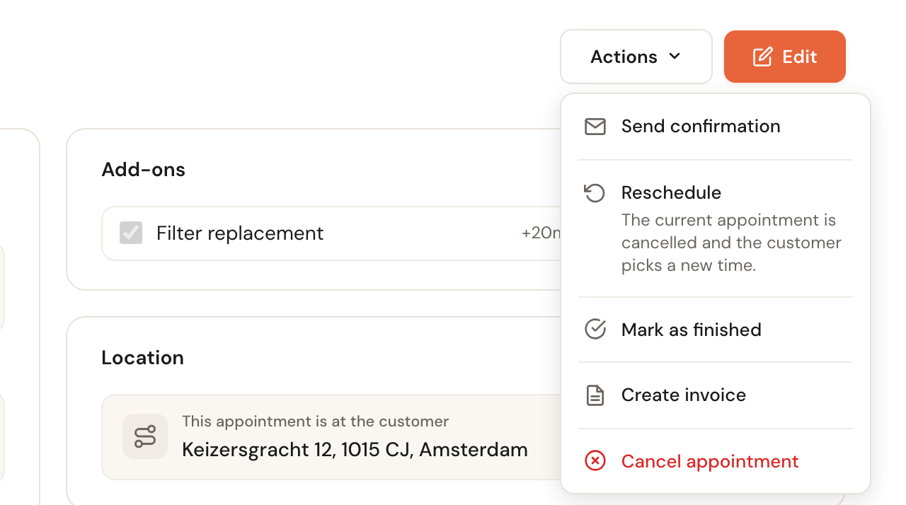 The Actions menu of a confirmed appointment: Send confirmation, Reschedule with the line The current appointment is cancelled and the customer picks a new time, Mark as finished, Create invoice and Cancel appointment.