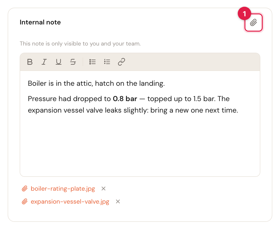 The Internal note card while editing: the hint This note is only visible to you and your team, the text box with its formatting buttons and the note, and below it two photos, each with a cross. The paperclip at the top right of the card is marked 1.