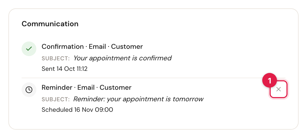 The Communication card with a confirmation sent on 14 Oct and a reminder scheduled for 16 Nov 09:00, whose cross is marked 1.