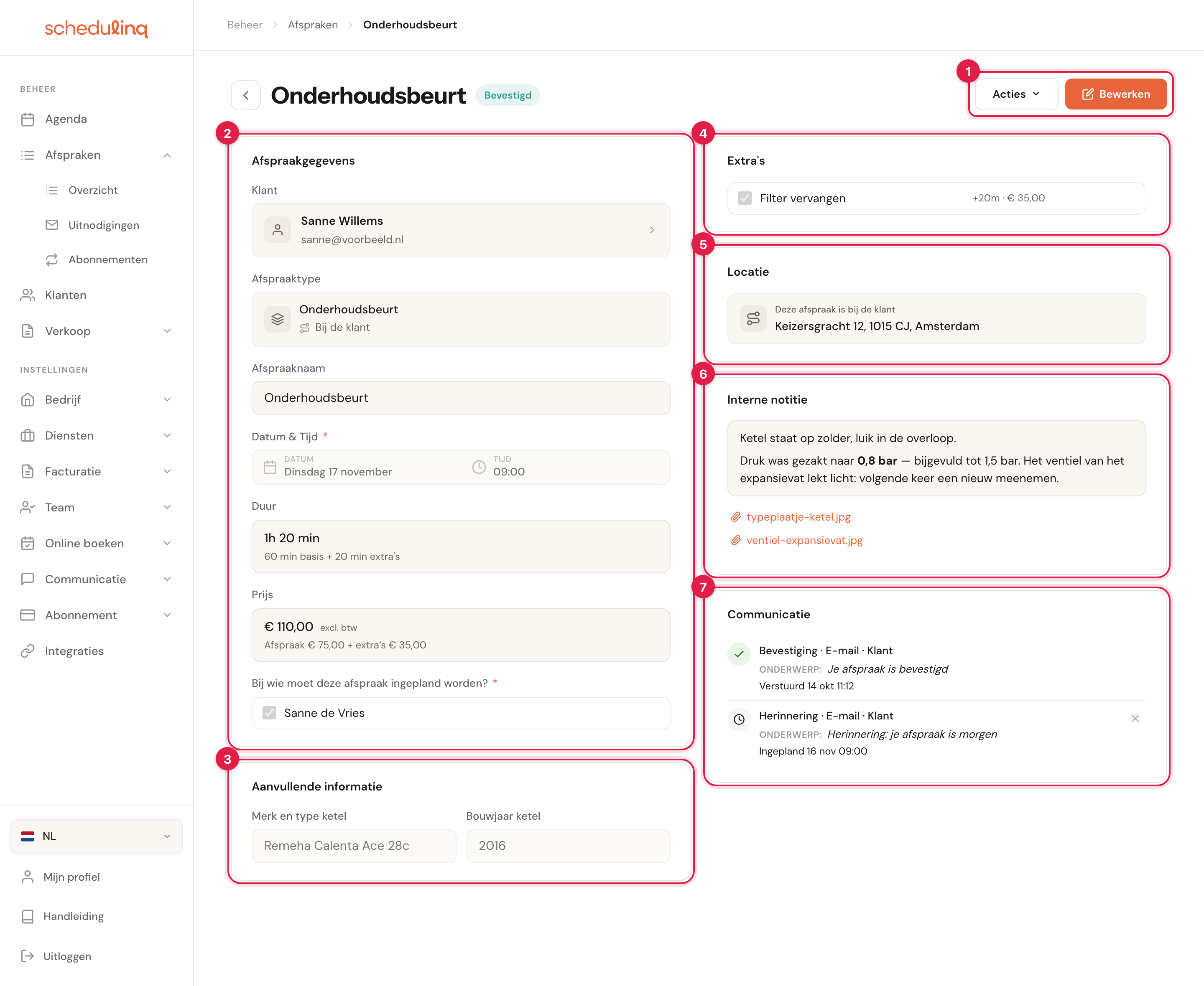 Het scherm van een bevestigde Onderhoudsbeurt, met genummerde blokken: 1 de knoppen Acties en Bewerken, 2 Afspraakgegevens, 3 Aanvullende informatie, 4 Extra's, 5 Locatie, 6 Interne notitie met twee foto's, 7 Communicatie met een verstuurde bevestiging en een ingeplande herinnering.