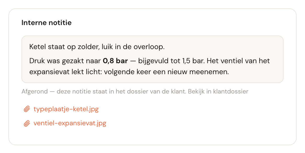 De kaart Interne notitie van een afgeronde afspraak: de notitie als leestekst, daaronder Afgerond — deze notitie staat in het dossier van de klant. Bekijk in klantdossier, en de twee foto's.