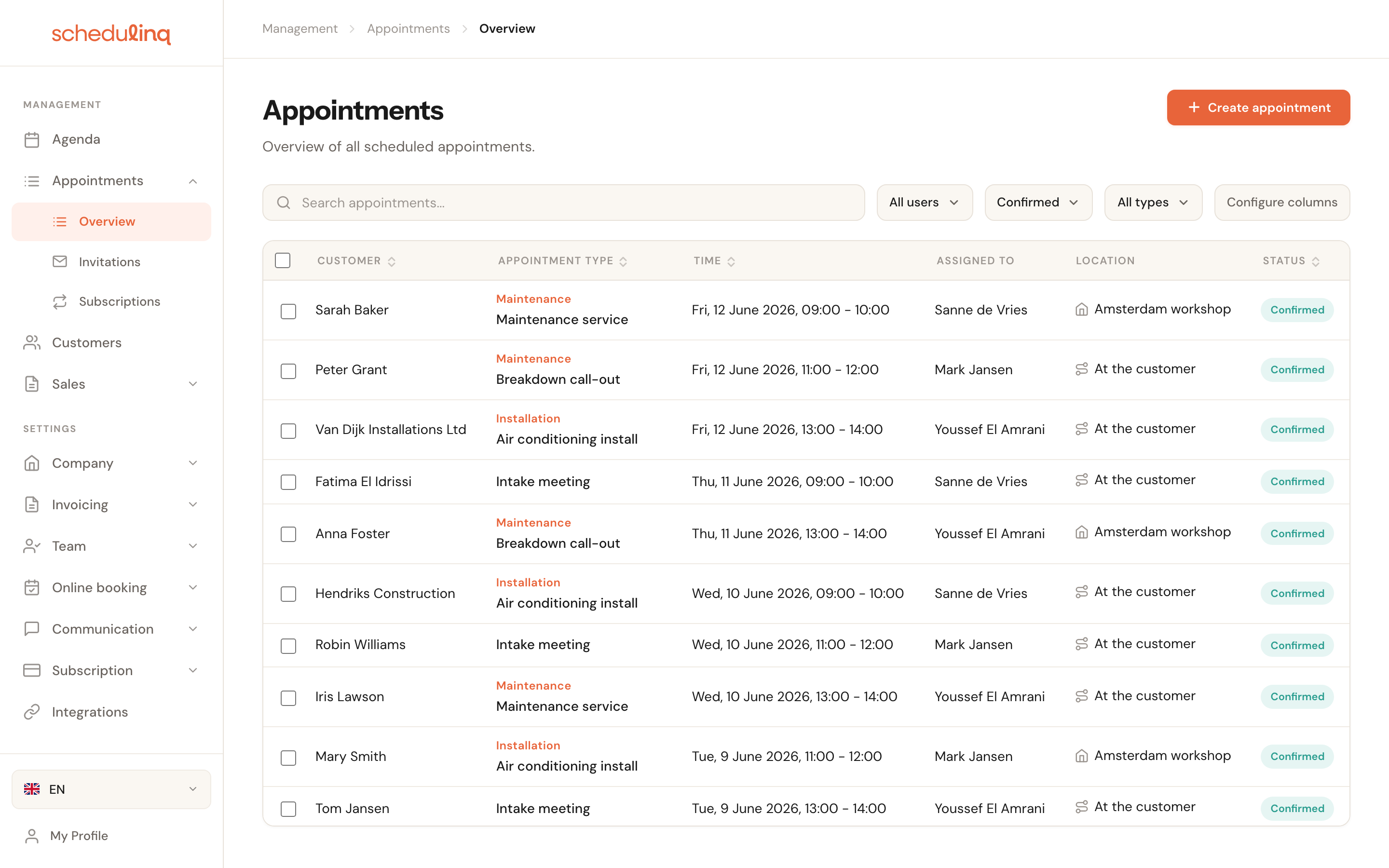 The appointments overview with a table full of appointments, a search box and filters above it.