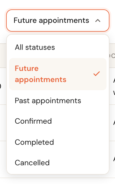 The status filter open, with All statuses, Future appointments (ticked), Past appointments, Confirmed, Completed and Cancelled.
