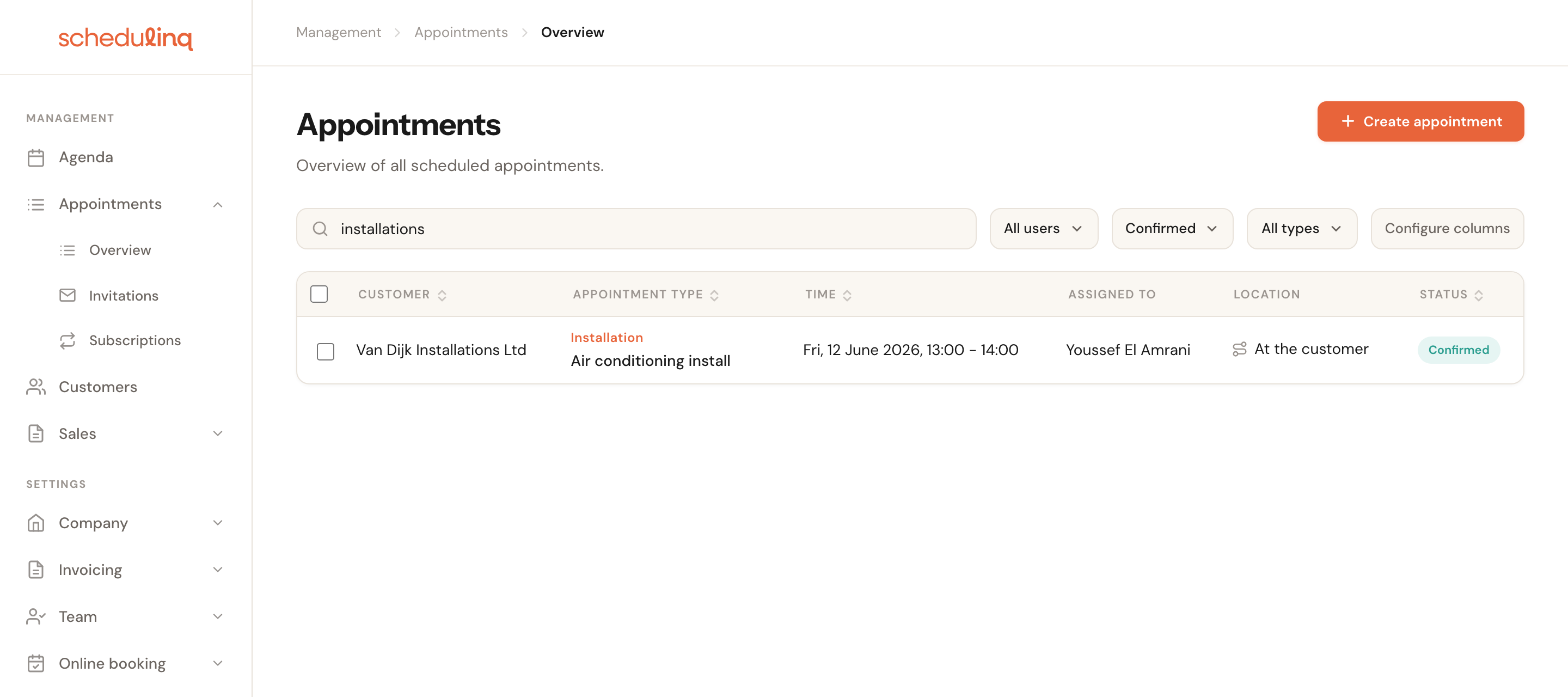 The overview with a search term entered and only the matching rows in view.