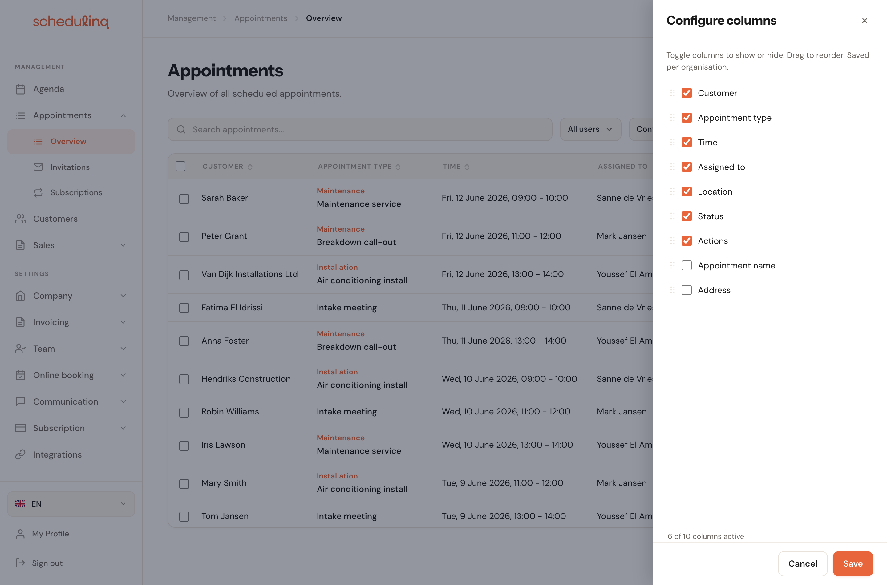 The Configure columns panel with a checkbox per column and a counter at the bottom.