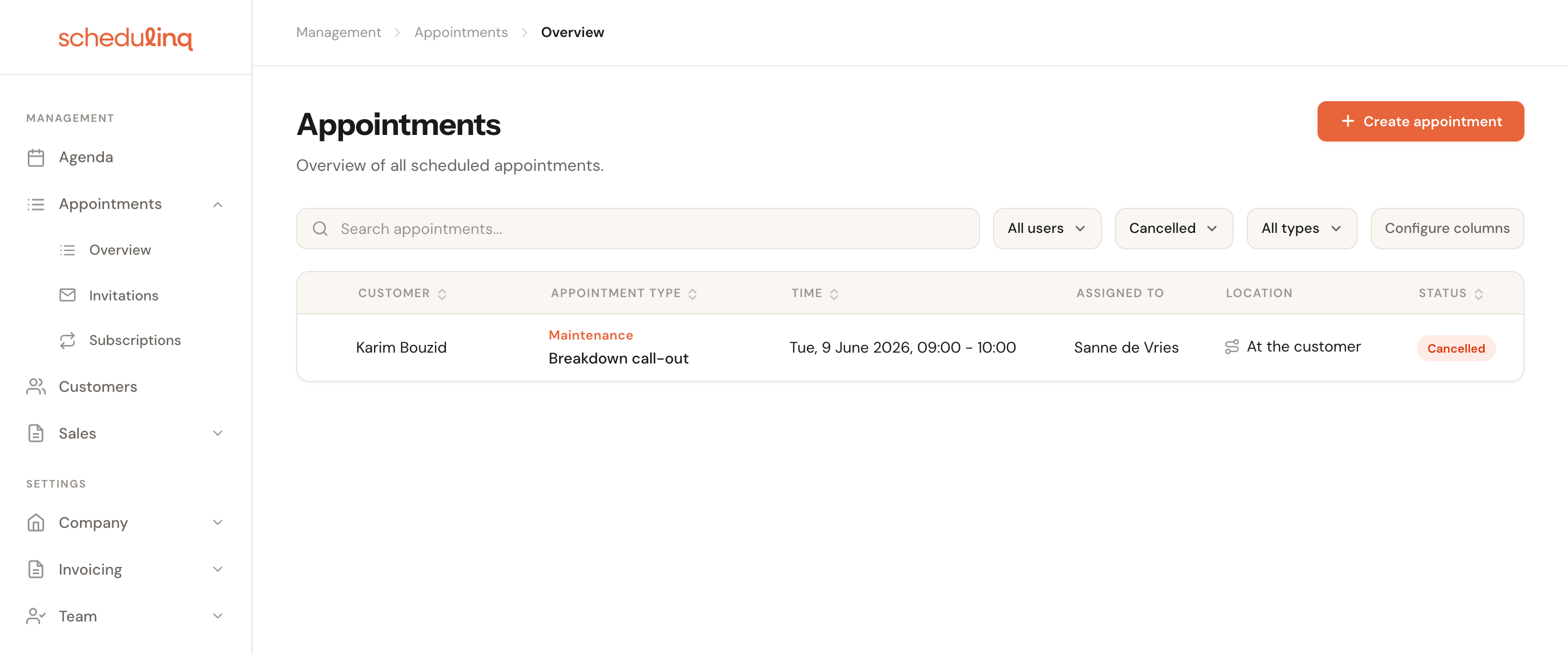 The overview filtered on cancelled appointments; the row has no checkbox.