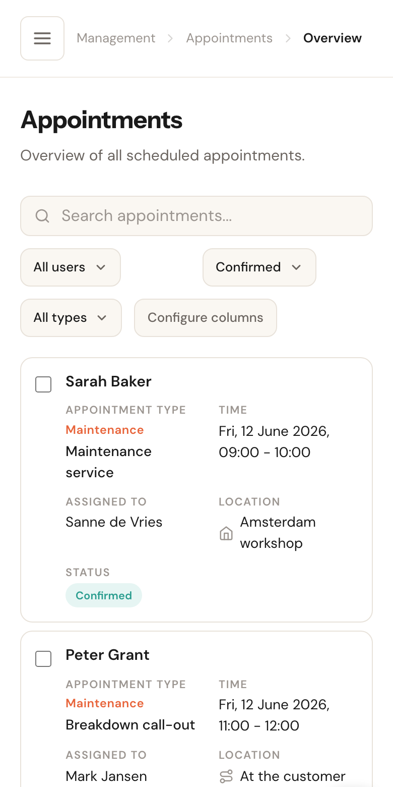 The overview on a phone, with each appointment shown as a card.