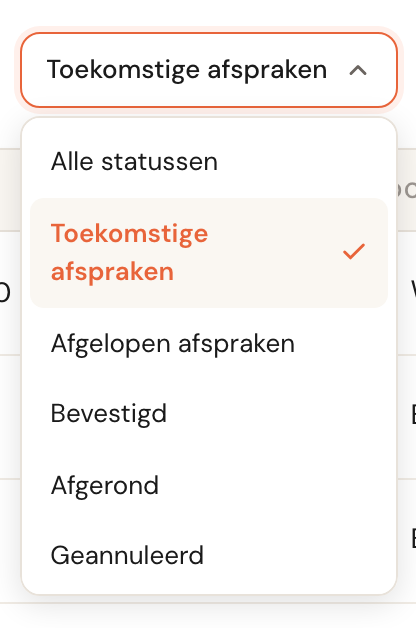 Het statusfilter opengeklapt, met Alle statussen, Toekomstige afspraken (aangevinkt), Afgelopen afspraken, Bevestigd, Afgerond en Geannuleerd.