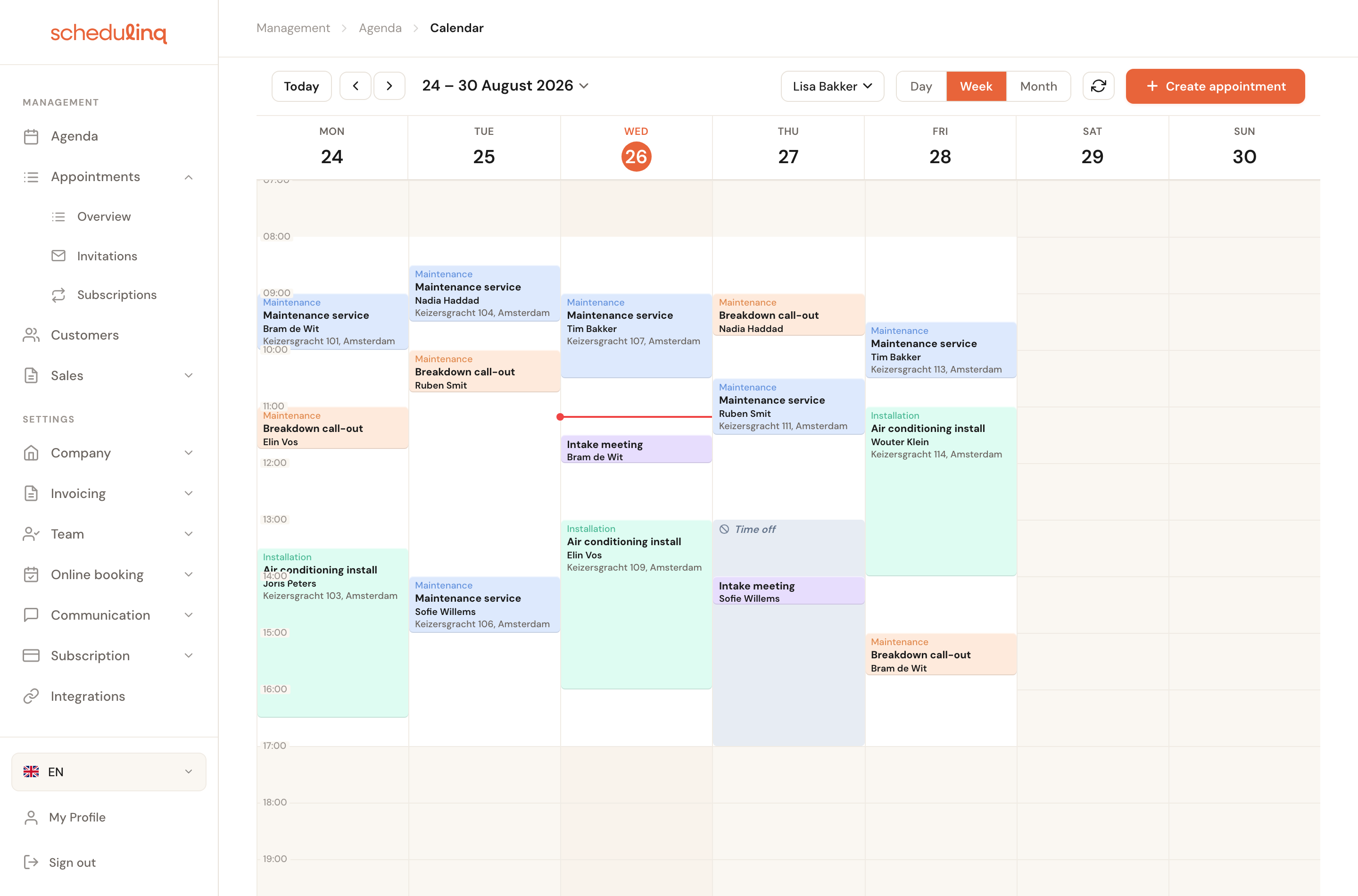 The week view of the calendar with appointments spread across Monday to Friday.