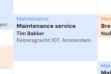 A single appointment block showing category, appointment type name, customer name and address.