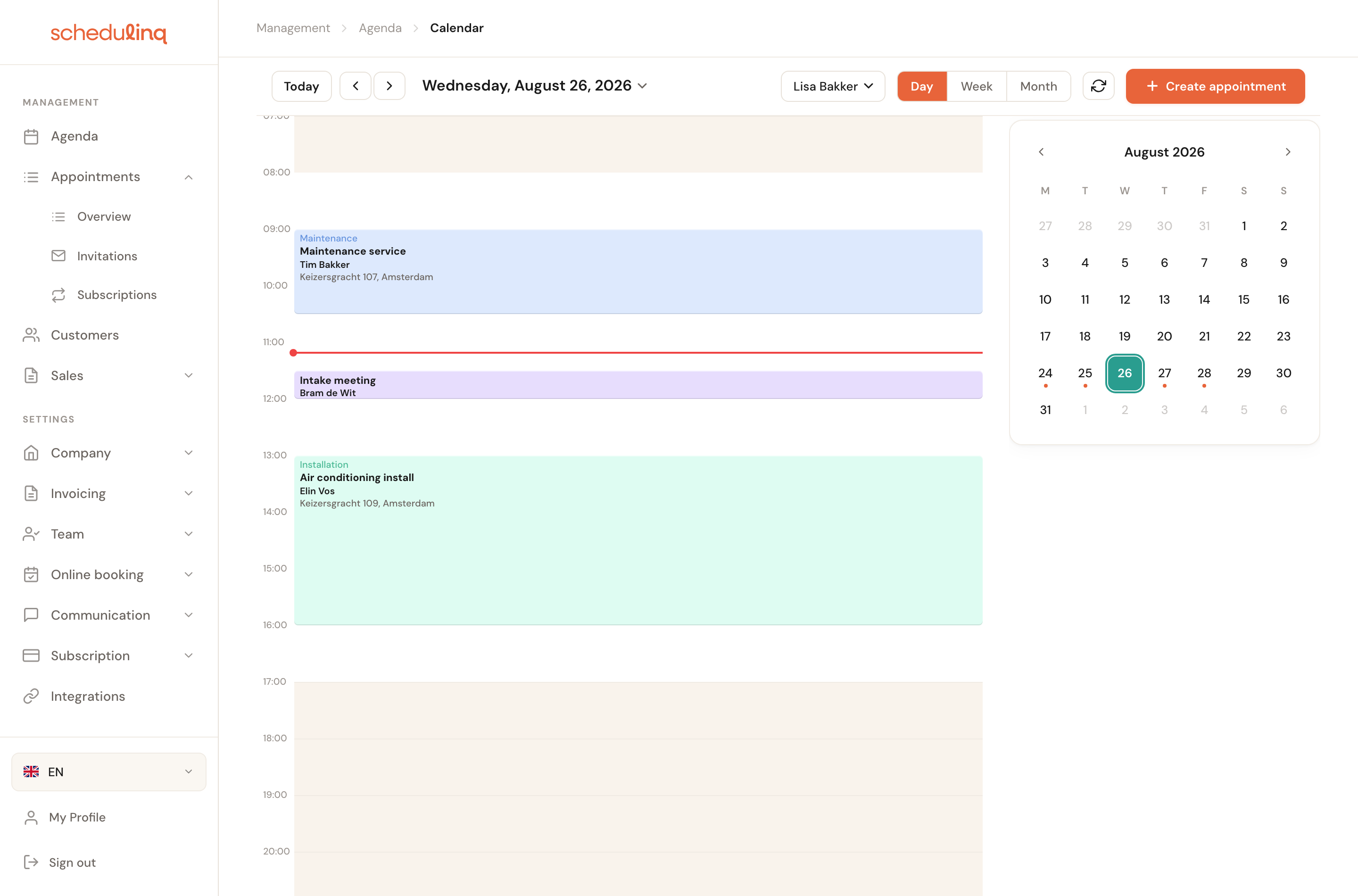 The day view with a single day across the full width and a mini calendar on the right.