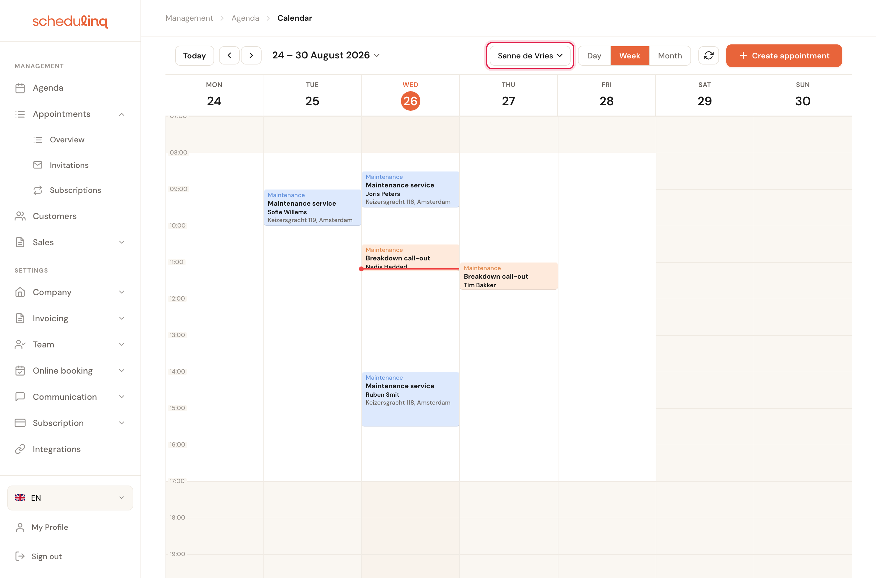 The calendar showing Sanne de Vries' week, with her name selected in the toolbar.